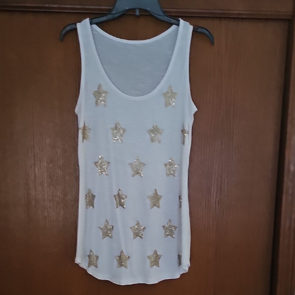 INC International Concepts White Tank Top with Gold Stars